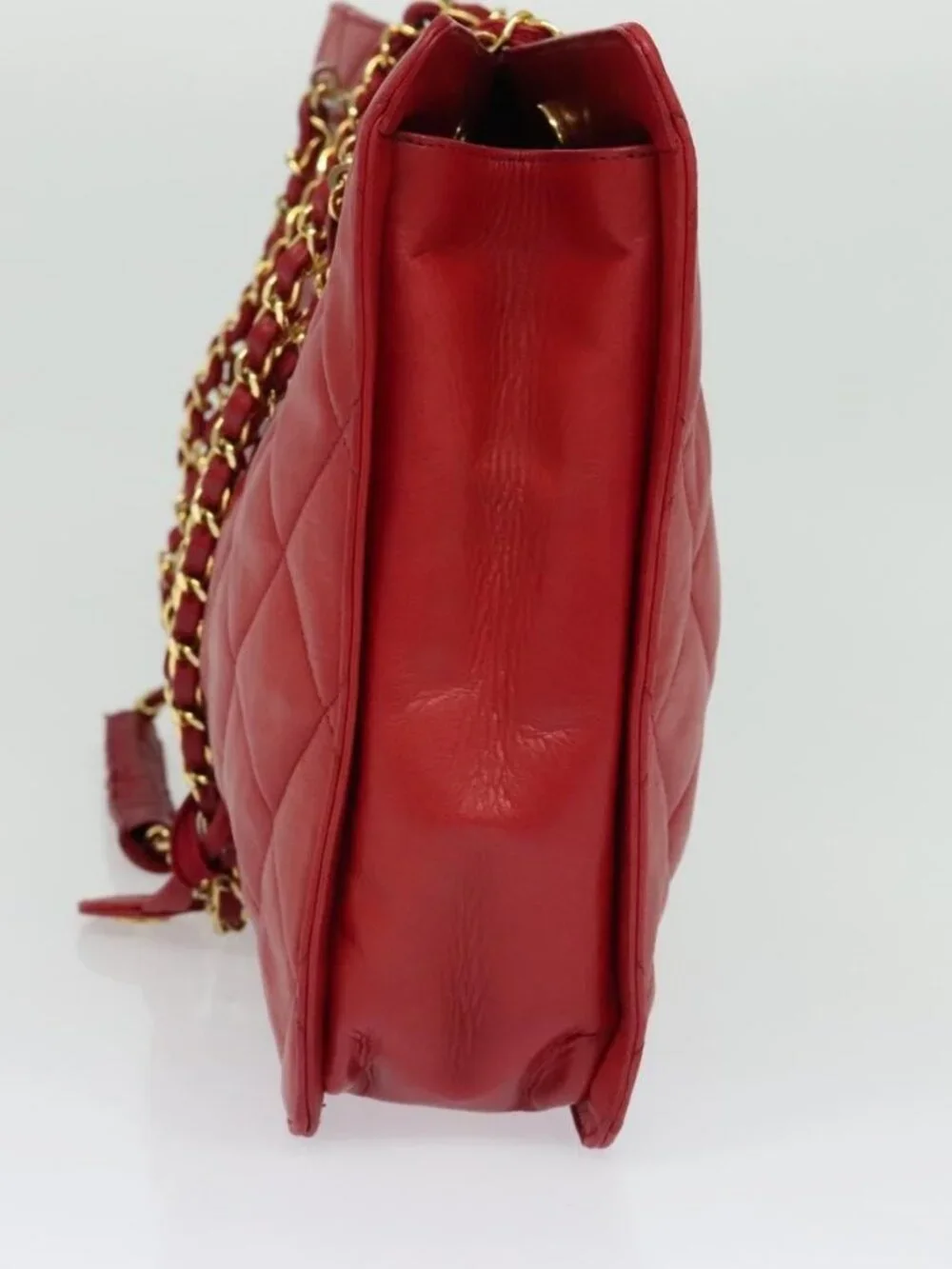 CHANEL Matelasse Chain Shoulder Bag Lamb Skin Red Gold CC Auth BA5019